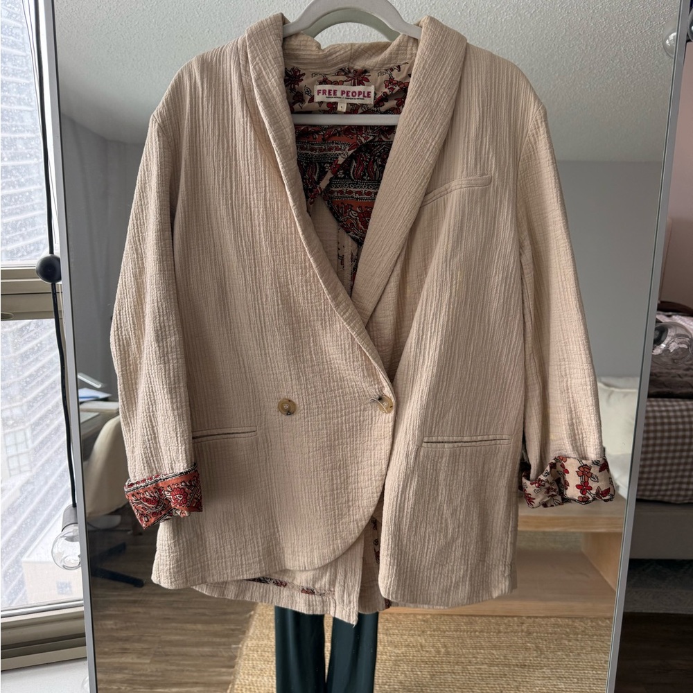 Free People Oversized Beige Textured Blazer with Patterned Lining